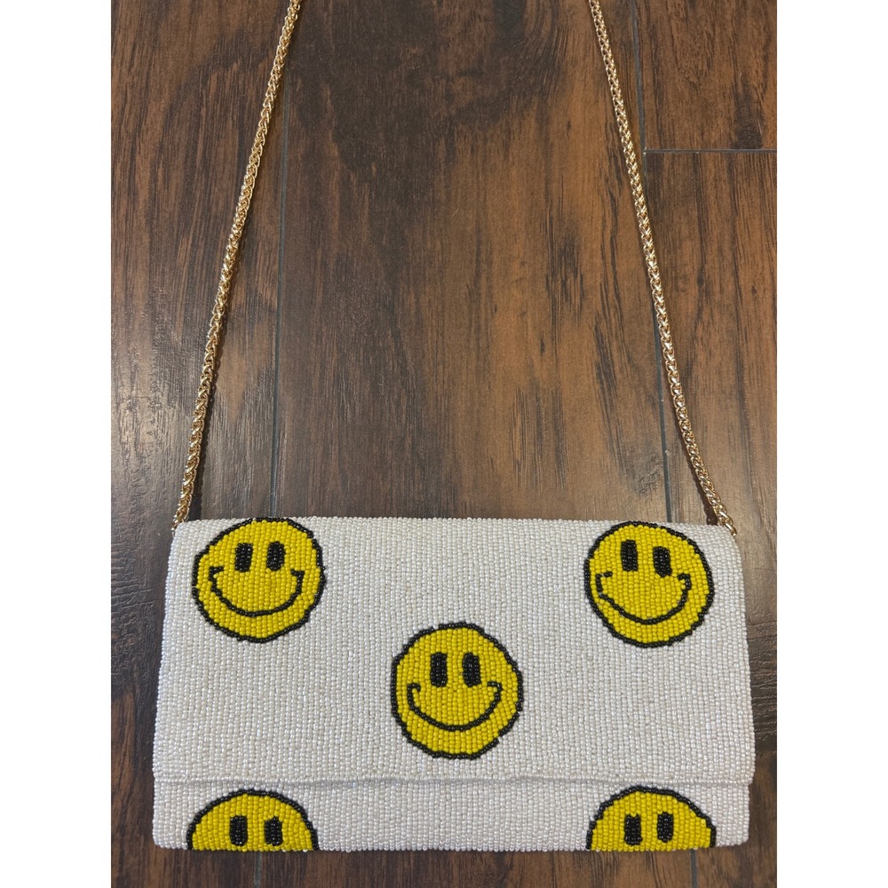 Beaded Smiley Face Crossbody Clutch Bag White Yellow removable Gold Strap Y2K